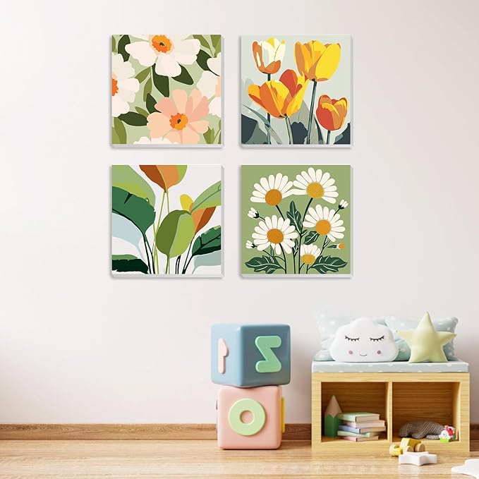 MXJSUA 4 Pack Flowers Green Plant Framed Paint by Numbers Kit with Canvas for Adults Beginner, DIY Acrylic Oil Painting Kits with Brushes for Home Wall Decor Gift (8x8 inch)
