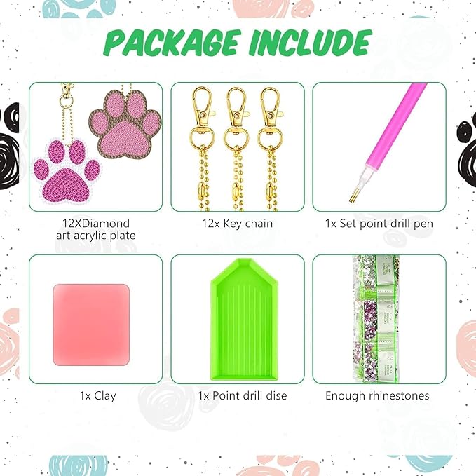 Demonwer 12 Pcs Dog Paw Diamond Keychains Kit DIY Pet Paw Diamond Keychains Dog Paw Diamond Art for Beginners Adults Art Craft Supplies Gift