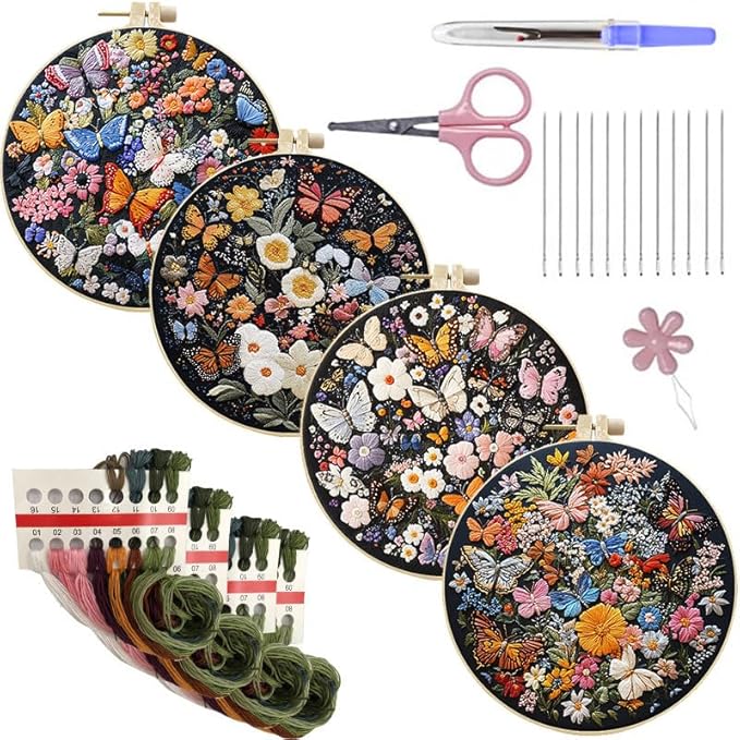 LB 4 Pack Colorful Floral Embroidery Kit for Beginners Nature Butterfly Beginner Embroidery Kit for Adults DIY Starter Kit with Embroidery Hoop Colorful Threads Tools Step by Step Instructions