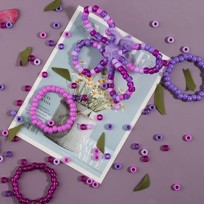 1200Pcs Friendship Bracelet Bead, 6x9mm Pony Beads for Jewelry Making, 5 Style Purple Colors Kandi Beads Bulk, Hair Bead for Braids with Stretch Cord and Scissors