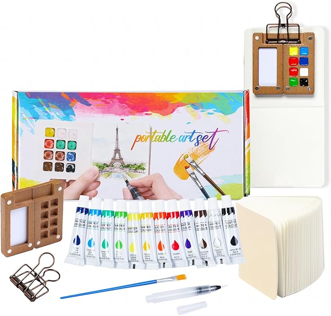 Mini Watercolor Paint Set, Travel Watercolor Paint kit with 12 Colors, Refillable Brush & Sketchbook, Ideal Watercolor Palette for Travel, Creative Painting Kit for Beginners and Artists(8 Gird)