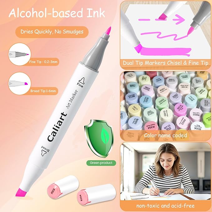 caliart pastel markers, 100 colors dual tip art markers sketch pens permanent alcohol based, with case for adults artists drawing illustration sketching coloring
