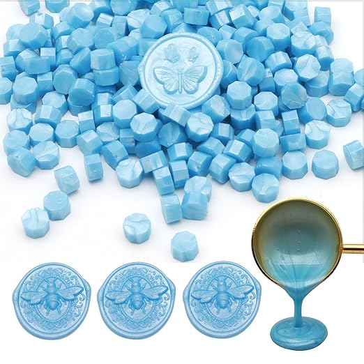 250pcs Wax Seal Beads Baby Blue, Andotopee Premium Sealing Wax Beads for Stamp Seals, Octagon Metallic Seal Stamp Pellets Refill Pack for Wedding Invitation, Letter Envelope, Scrapbook DIY Crafts