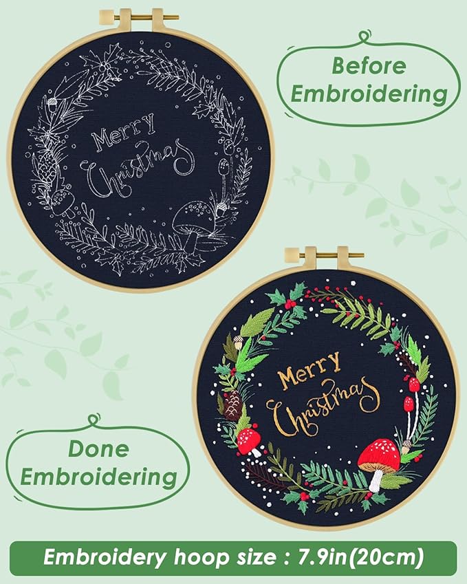 ERKOON Christmas Embroidery Kit for Beginners, Cross Stitch Set for Include Embroidery Cloth Hoops Threads for Craft Lover Hand Stitch with Embroidery Skill Techniques (Christmas Wreaths)