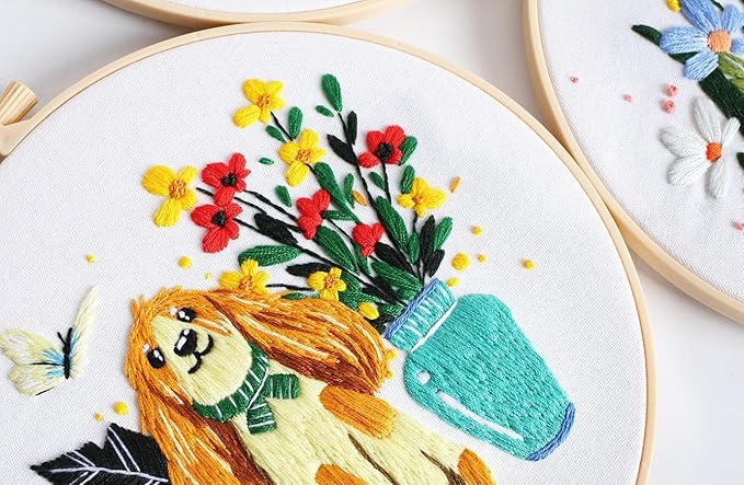 konrisa 3 pcs dog flower embroidery kits for beginners, needlepoint cross stitch kits with pattern, diy sewing practice kit, include 1pcs hoop