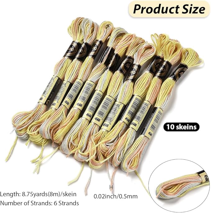 10 Skeins 6 Strands Yellow Hand Variegated Embroidery Floss Gradient Cross Stitch Thread Polyester Friendship Bracelet String Yarn Bracelets Threads Bulk for Sewing Knitting Crafts Stitching