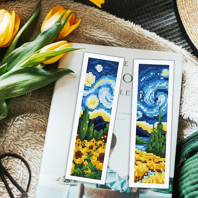 ORIGACH 6 Pcs Cross Stitch Bookmark Kit for Beginner Adults, Swirling Night Sky Stamped Embroidery Bookmark Kit with Instruction for Starters Printed Cross Stitch DIY Kits for Book Lovers