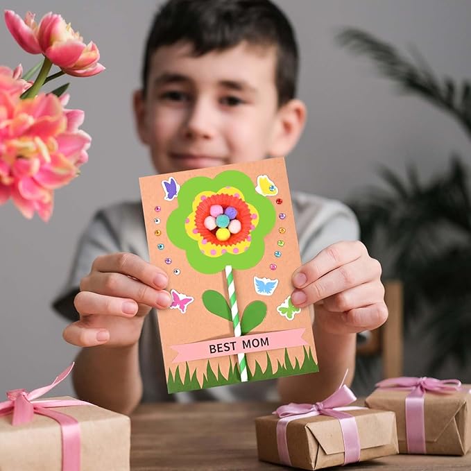 Sanixin 24 Sets Mother's Day Flower Card Craft Kit for Kids Spring DIY Flower Greeting Card Set Happy Mother's Day Card Making Kit for Mom Gifts Classroom School Home Activities