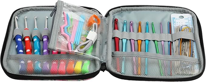 LOOEN Crochet Hooks Set-Yarn Needles Coloured Aluminum with Storage Case Rubbery Handle Ergonomic Comfort Grip DIY Craft Handmake Kit 64pcs