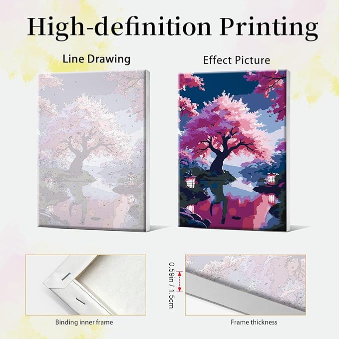 JOOZ Paint by Numbers Kit for Adults with Easel Cherry Blossom Tree Paint by Number with Frame Lake Scenery Adult Paint by Number Kits Oil Painting by Numbers for Gift Home Wall Decor 8x12 Inch