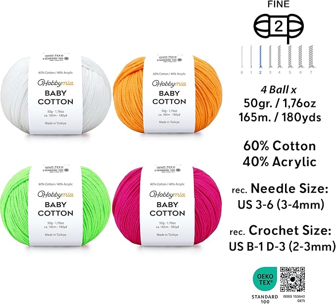 Baby Cotton Yarn Bundles for Crocheting - Each Ball is 50g / 180yds - (2) Fine, Sport Weight Yarn - Amigurumi Yarn, Crochet Thread - & 5 Stitch Makers (Neon - 1)