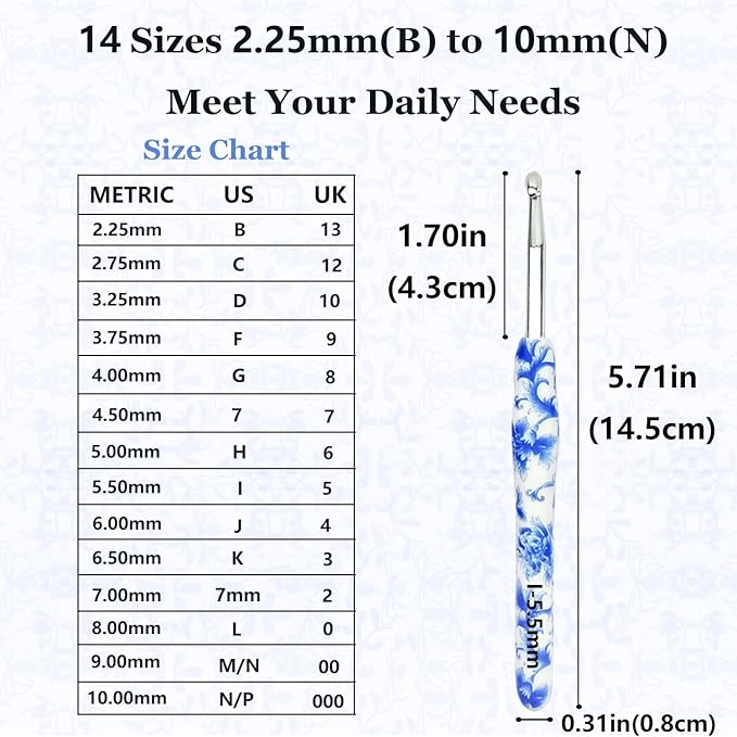 Hobekoee 14 Sizes Crochet Hooks Set,2.25mm(B)-10mm(N) Ergonomic Handle Crochet Hook for Arthritic Hands,Long Crochet Needles Set with Case for Beginners and Enthusiasts