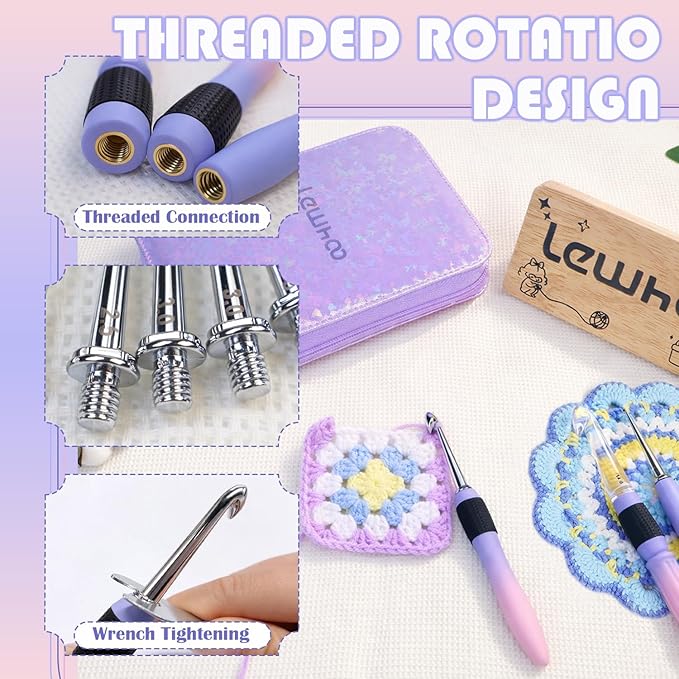 Lewhoo 18 Size Interchangeable Crochet Hooks 2.0mm(B)-14.0mm(P), Ergonomic Crochet Hooks Set for Beginner with 3 Spiral Handles, Gradient Purple