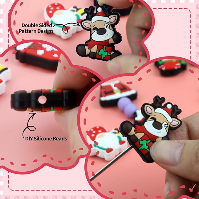 16PCS Christmas Silicone Beads for Pens, 16Pcs Silicone Focal Beads for Keychain Making DIY Handicraft（Christmas ）