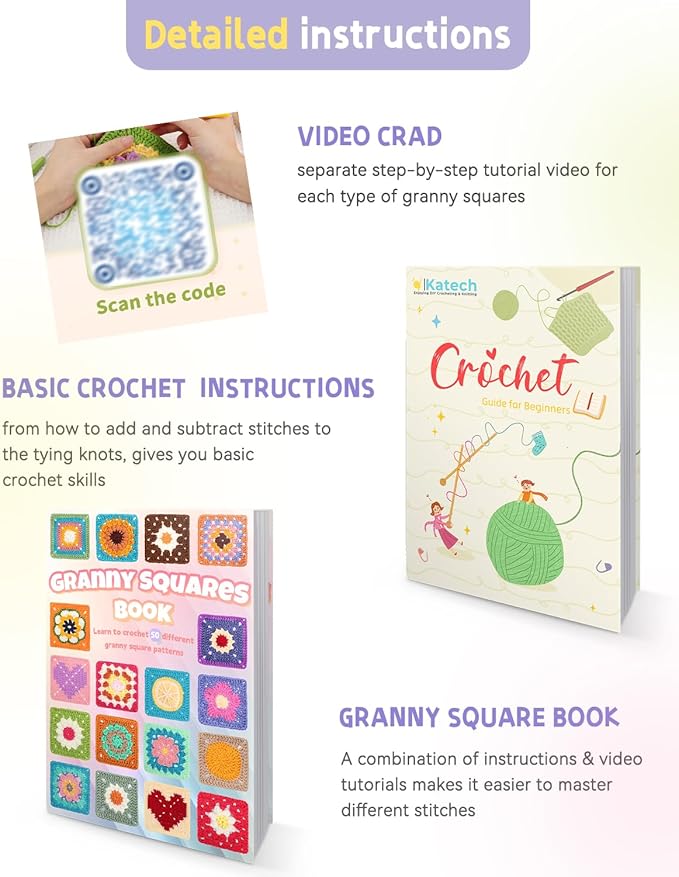 Katech Crochet Kit for Beginners, 50 Granny Squares Crochet Kits for Adults Beginner Learn to Crochets w/Step-by-Step Video Tuturials, Knitting Kit w/1378yds Yarn Granny Square Card Deck- 80% Cotton