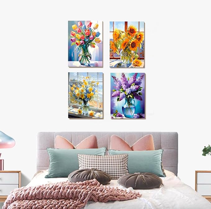 Muzagroo Art Flowers Diamond Paintings Kits for Adults Sunflower Diamond Art Kits for Beginners Hand Crafts Full Drill 5D Diamond Dots Kits DIY Gem Art 12X16 inches 4PCS (Sunflowers)