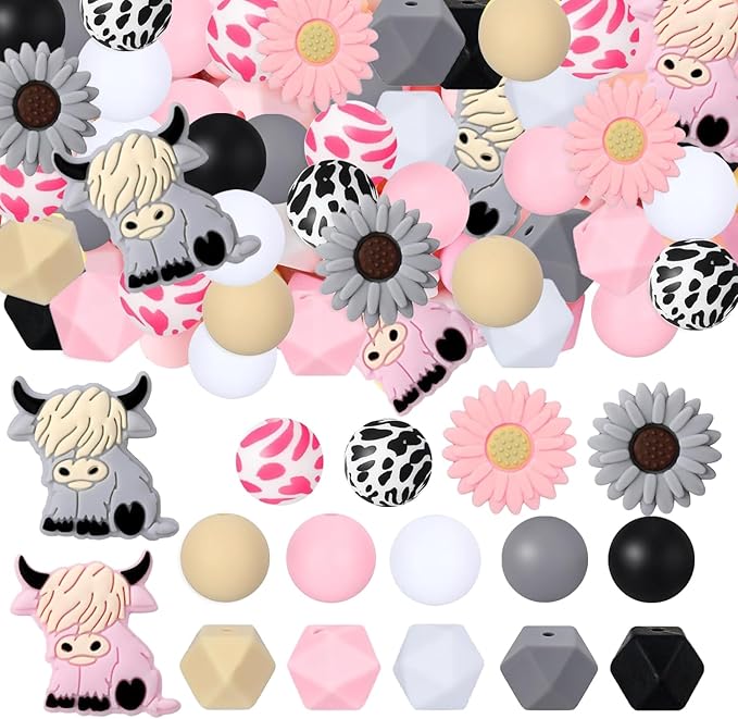 88Pcs Cow Daisy Silicone Beads 15mm Round Hexagon Focal Beads Bulk Daisy Flower Rubber Flat Loose Spacer Bead or DIY Crafts Beaded Pens Keychain Bracelet Necklace Making