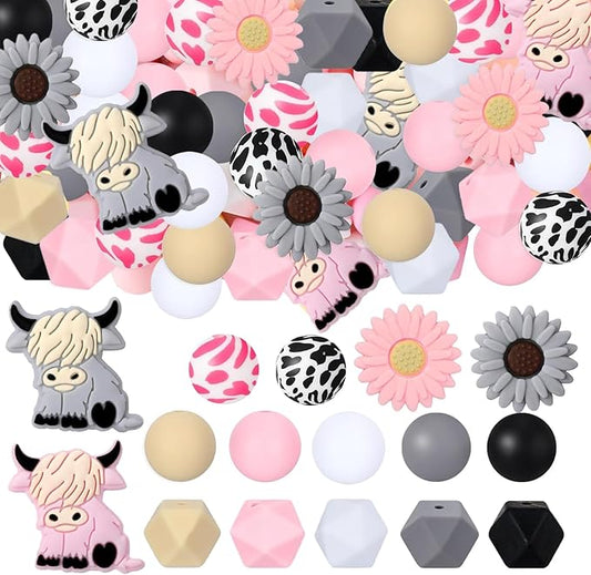 88Pcs Cow Daisy Silicone Beads 15mm Round Hexagon Focal Beads Bulk Daisy Flower Rubber Flat Loose Spacer Bead or DIY Crafts Beaded Pens Keychain Bracelet Necklace Making