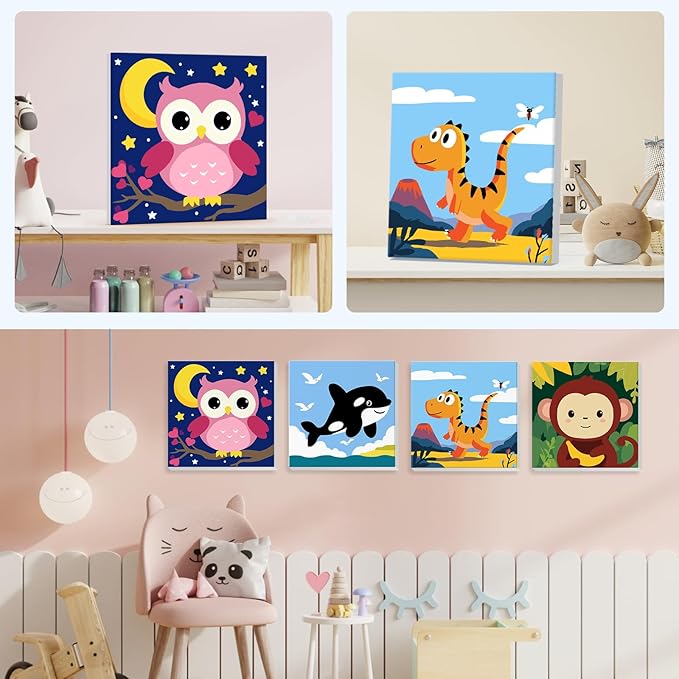 4 Pack Paint by Number for Kids with Wooden Frame, Cartoon Owl, Whale Paint by Numbers for Kids Ages 8-12, Baby Dinosaur, Monkey, DIY Acrylic Oil Painting for Beginners for Home Wall Decor 8X8 inch