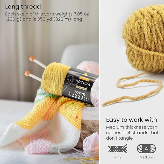 ARTEZA Acrylic Yarn for Crocheting, 4 x 200-g Skeins of Worsted Yarn for Knitting, Hello Sunshine A102, Knitting & Crochet Supplies