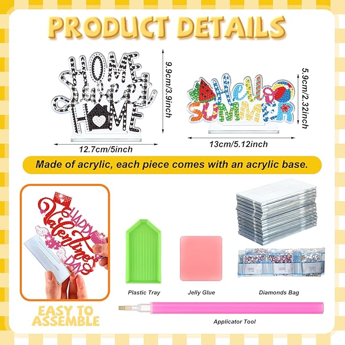 YooNotee 12 Sets Interchangeable Seasonal Diamond Art Tabletop Decorations Holiday Diamond Art Painting Kit with 12 Acrylic Base for Table Tiered Tray Decor Craft Graduation Centerpiece (Word)