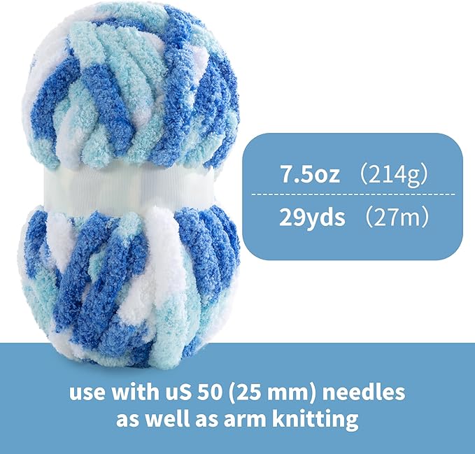 HOMBYS Chunky Tie Dye Mix Chenille Yarn for Hand Knitting, Super Bulky Jumbo Yarn for Crocheting, 3/4" Thick Soft Plush Yarn for Blankets, 8 Skein Pack (26 yds / 7.5 oz Each) Blue,Sky Blue,White