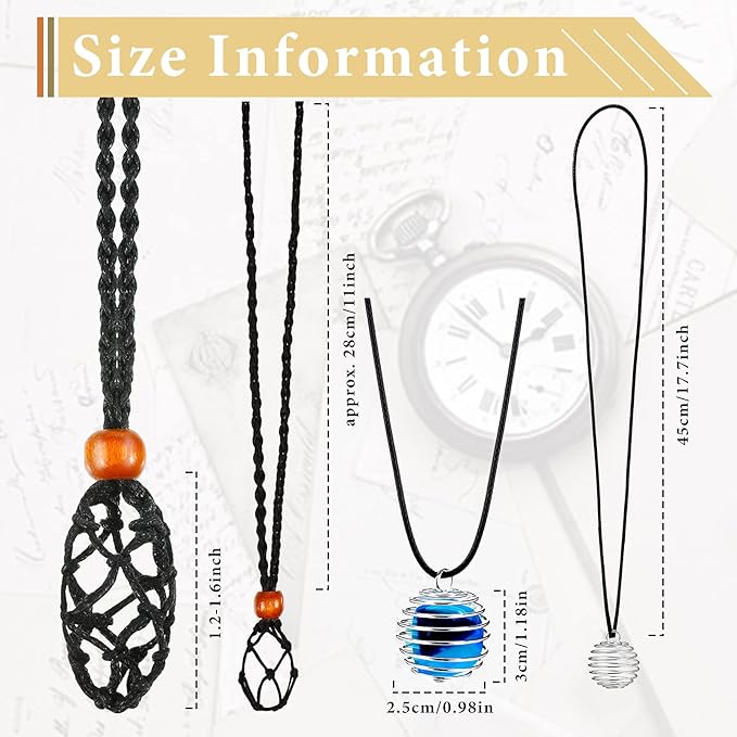 Shappy 66 Pieces Crystal Necklace Holder Empty Stone Holder Spiral Bead Cages Pendants with Adjustable Cord Fish Netted Rope Black Waxed Necklace Cord for Rock Jewelry Making Crafting Finding