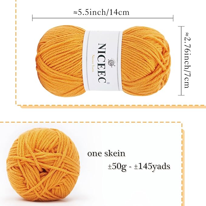 NICEEC 300g Soft Assorted Colors Yarn - Sport Weight,100% Acrylic, 4 Ply, Bonbons Yarn for Crochet & Knit, DIY Project Starter Kit for Kids or Adults(Total 870yds) - Bright Yellow