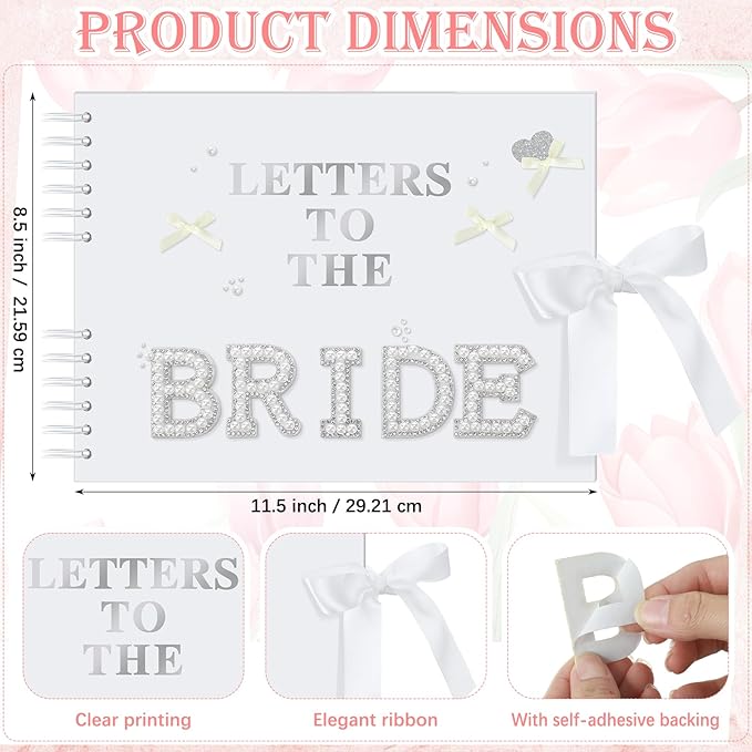 Fuyoooo 11.5 x 8.5 Inch Letters to The Bride Scrapbook Wedding Memory Book Bridal DIY Blank Paper Scrapbook Photo Album Guest Book Sign with Pearl Stickers, Metallic Letters, Bows (White)