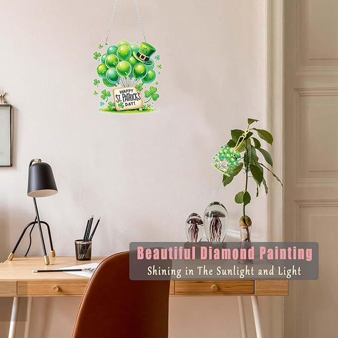 Masendp St. Patrick's Day Diamond Painting Double-Sided Hanging Ornament Set, DIY Irregular Shaped Rhinestone Window Decoration Set, Suitable for Home and Garden Wall Decoration Gifts
