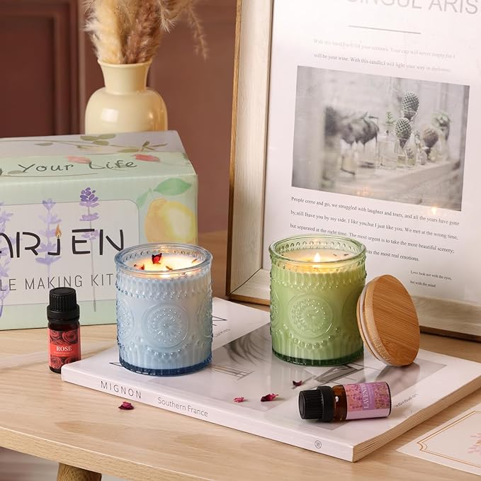DARJEN Candle Making Kits for Adults- Soy Candle Making Supplies with 2 Candle Jars(Blue, Green), Wax, Scents, Card & More, DIY Starter Candle Making Kit, Full Set DIY Arts & Crafts Gift