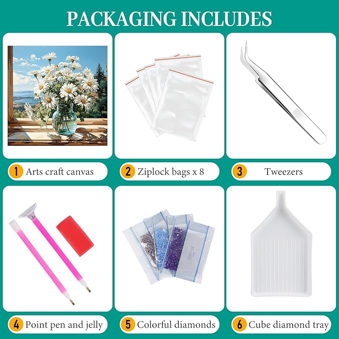 Fountor Daisy Diamond Art Kits for Adults, Flowers Landscape Diamond Painting Kits for Adults Beginners, Flower 5D Round Full Drill Gem Art Kits DIY Crafts Kits for Home Wall Decor 14x14 Inch