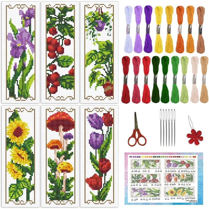 INFUNLY 6 Set Tulips Cross Stitch Bookmark Kit Sunflower DIY Cross Stitch Kits 8.5x2.9 Pre-Printed Plant Stamped Embroidery Bookmark Kit with Instruction for Beginners Adults Book Lovers