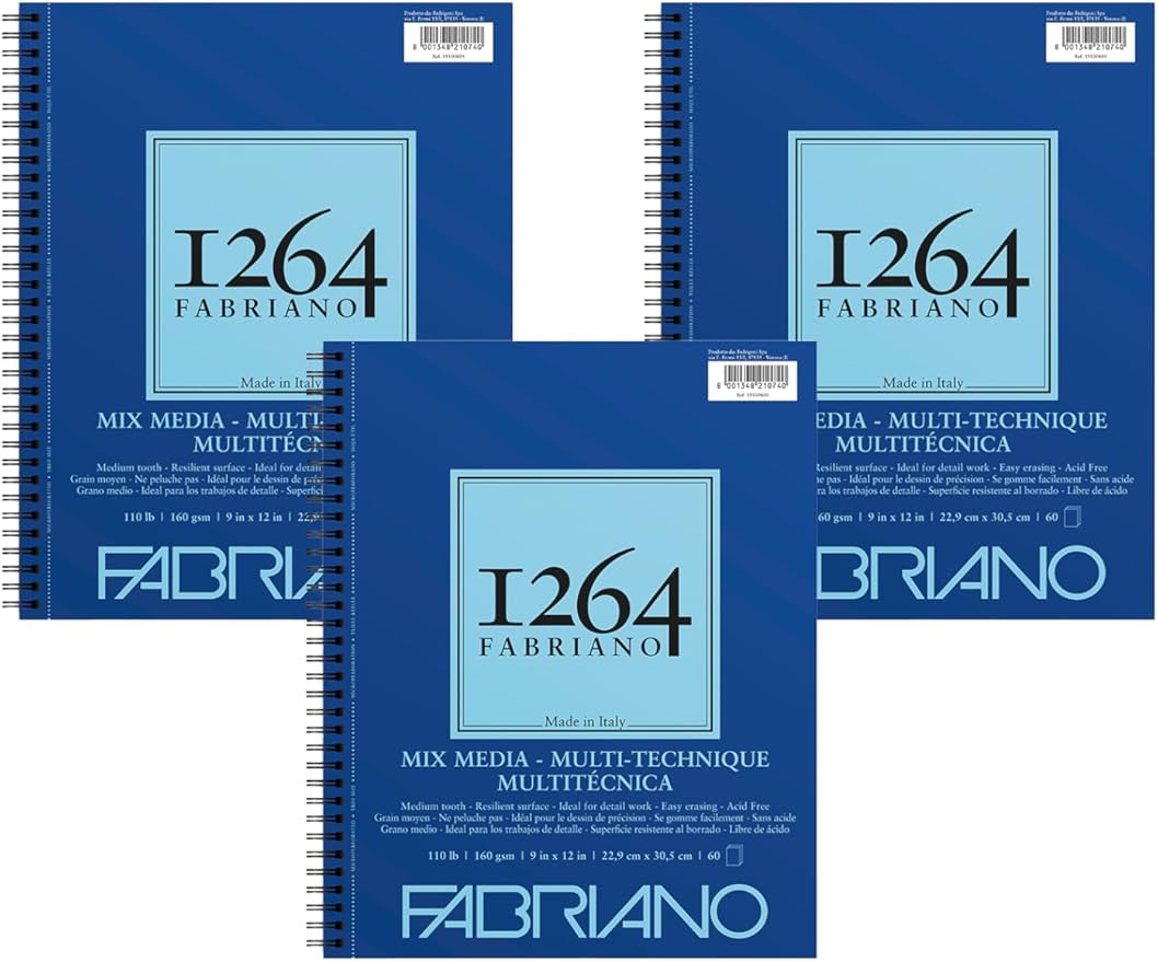 Fabriano 1264 Mixed Media Pad, 9" x 12", Spiral Bound, 110 lb., 3-Pack