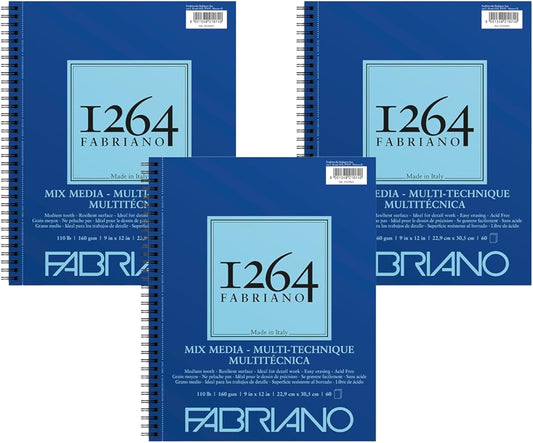 Fabriano 1264 Mixed Media Pad, 9" x 12", Spiral Bound, 110 lb., 3-Pack