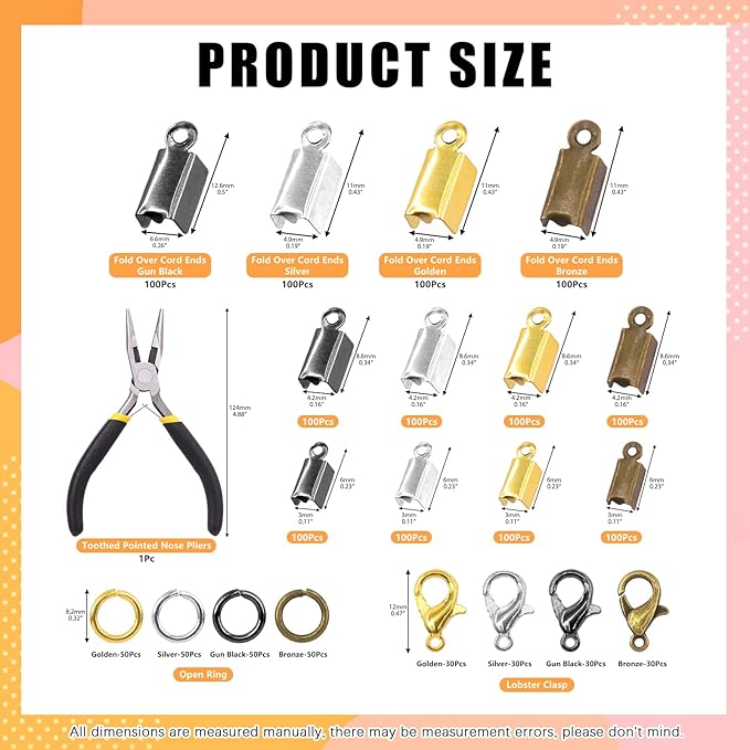 Rustark 1521Pcs Fold Over Cord End Jewelry Findings Kit with Open Jump Rings Lobster Claw Clasps Pliers Tool Assortment for DIY Jewelry Making