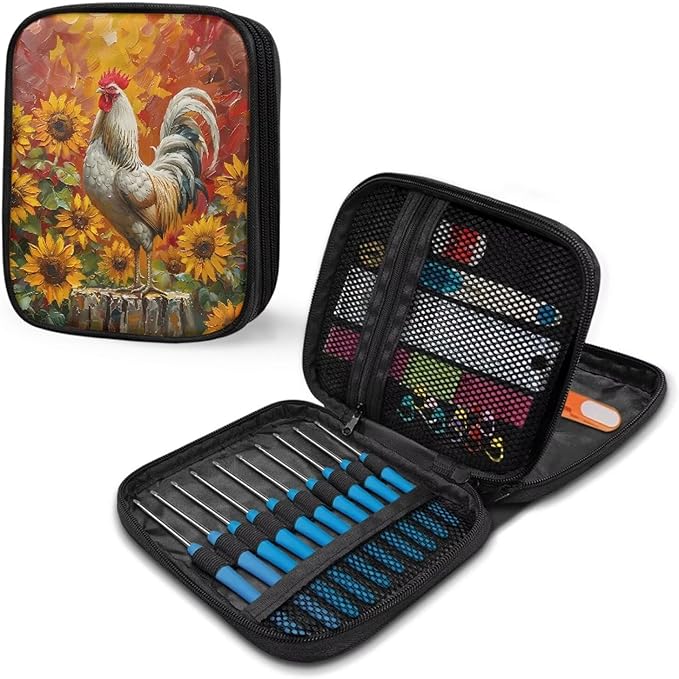 Hechitok Sunflower Crochet Hook Case Empty Zipper Bags Organizer Travel Crochet Storage Bag with Web Pocket for Carrying Various Crochets and Knitting Accessories