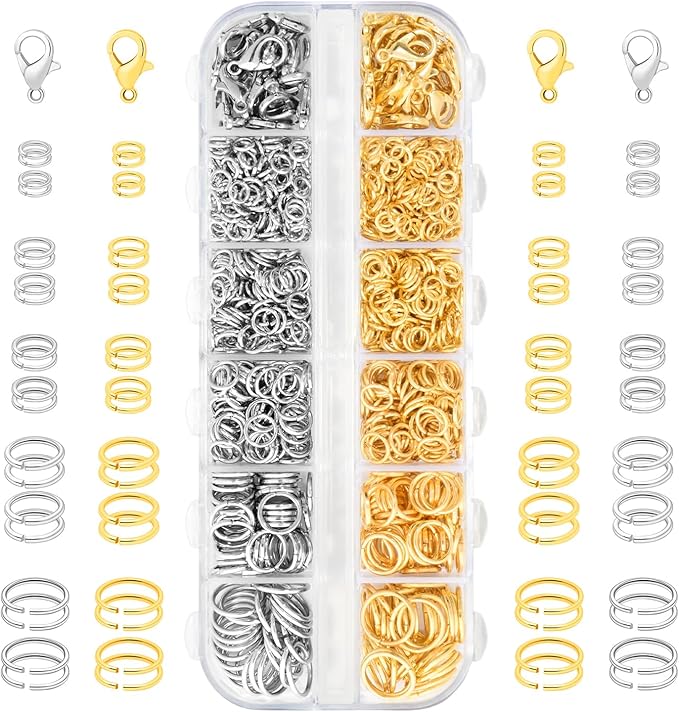 1200pcs Jump Rings for Jewelry Making Supplies, Necklace Repair Assorted Kit, 12mm Lobster Clasp 5 Size Jump Ring for Jewelry Clasps and Closures (Silver and Gold)