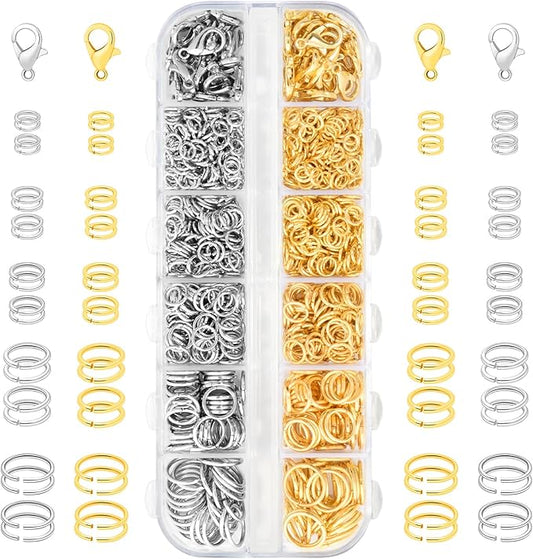 1200pcs Jump Rings for Jewelry Making Supplies, Necklace Repair Assorted Kit, 12mm Lobster Clasp 5 Size Jump Ring for Jewelry Clasps and Closures (Silver and Gold)