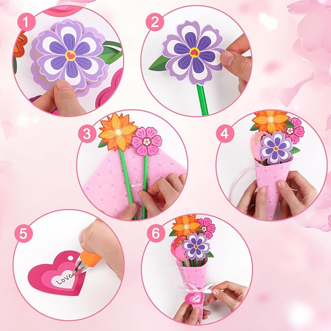 CCINEE 24 Sets Valentine Day Paper Flower Bouquet Crafts Kits, Make Your Own Spring Pink Flower Bouquet Paper DIY Kits for Mother's Day Valentines Day Teacher Appreciation Gifts School Activity