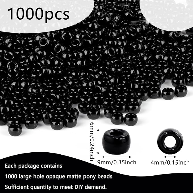 1000Pcs 9mm Black Plastic Pony Beads for Friendship Bracelets, Hair Beads, Crafts
