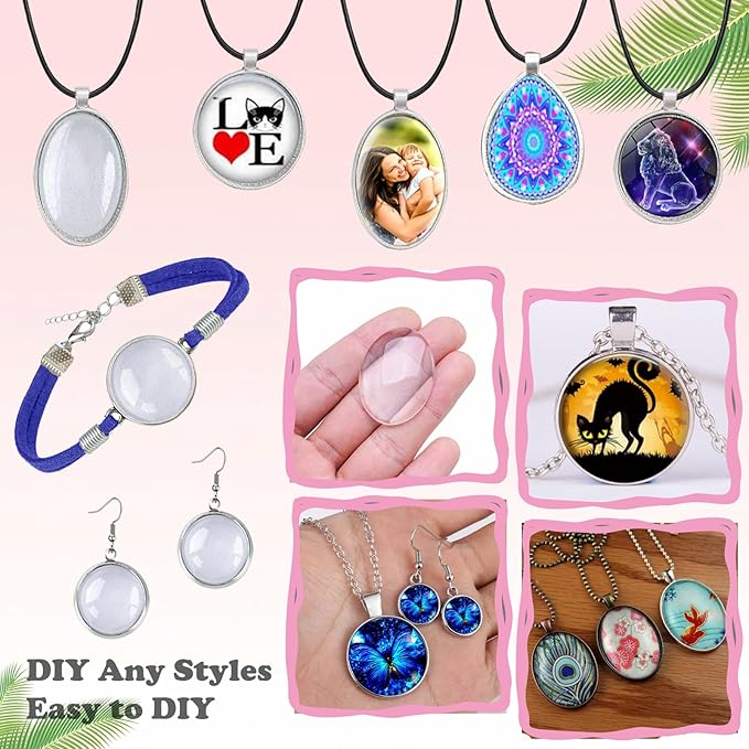 Pendant Trays Set with Cabochon Glass, Mix Pendant Bezel Blank Trays Bracelet Bangles Earrings Blanks for DIY Photo Cameo Jewelry Making Crafts