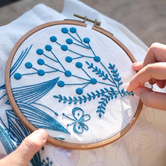smart-feather flower embroidery kit tote bag, hand embroidery kit for adults beginner with embroidery patterns, embroidery hoop,diy sewing kit