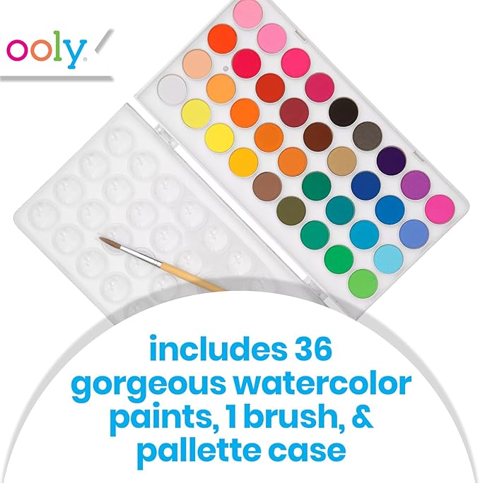 Ooly Lil' Watercolor Washable Paint Pods Set with Brush, 36 colors & 1 Paintbrush, Washable Watercolors in a Portable Case, School and Art Supplies, Bright & Vibrant Colors