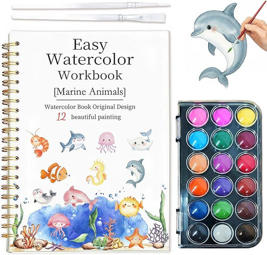 Easy Watercolor Workbook for Beginners - 12 Beautiful Step-by-Step Paintings Water Coloring Book, Includes 18 Colors Paints, Relaxing Art Projects and Creative Gift for Adults & Teen (Marine Animals)