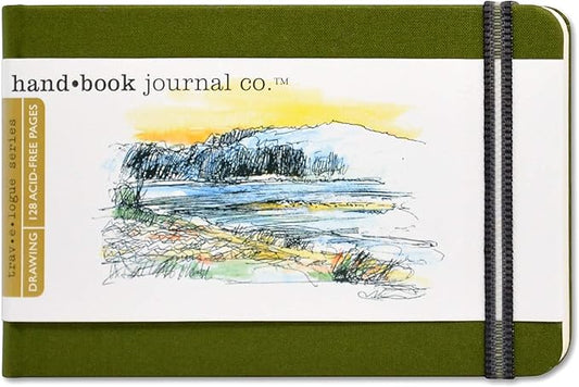 Handbook Journal Co. Travelogue Artist Canvas Cover Travel Notebook for Drawing and Sketching, Cadmium Green, Pocket Landscape 3.5 x 5.5 Inches, 130 GSM Paper, Hardcover w/Pocket