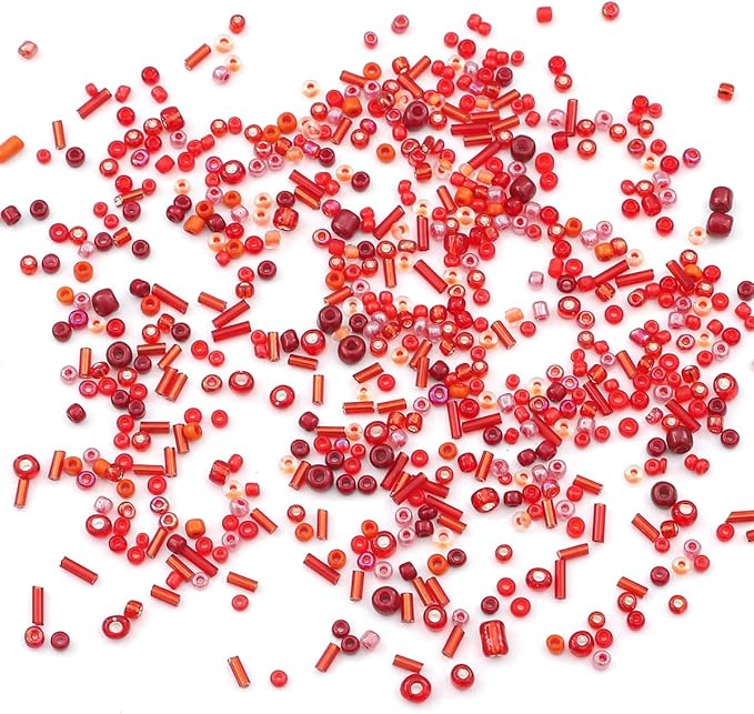 GTAAOY Mix 15 Color Glass Seed Beads, Glass Bugle Beads Tube Beads, Bracelet Bead Boards, Tweezers,Elastic Sting for Jewelry Making(Mix Size,Red)