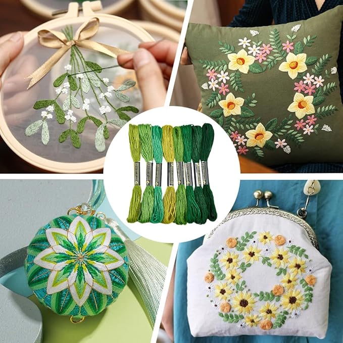16 Skeins 131 Yards Embroidery Thread Friendship Bracelets String Cross Stitch Threads Cotton Floss Yarn DIY 6 Ply 1.2mm for Making Sewing Needlework Knitting Stitching Craft Supply Green