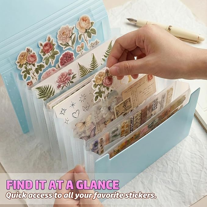 Sticker Storage Organizer with 7 Expandable Pockets, Multi-Layer Desktop Sticker Binder for Scrapbook Essentials and Journal Organizer, Large Capacity for Thick Sticker Album, Washi Tape(Blue)