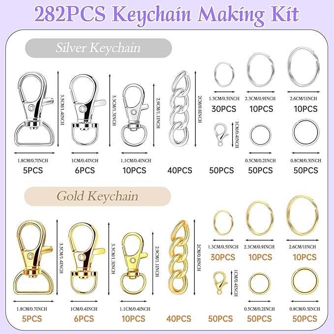 Prdingfy 282PCS Keychain Making Kit, Keychain Craft Supplies Including Key Chain Hooks, Lobster Clasps, Key Rings and Jump Rings for Key Chain Making and Jewelry Making(Gold Silver)